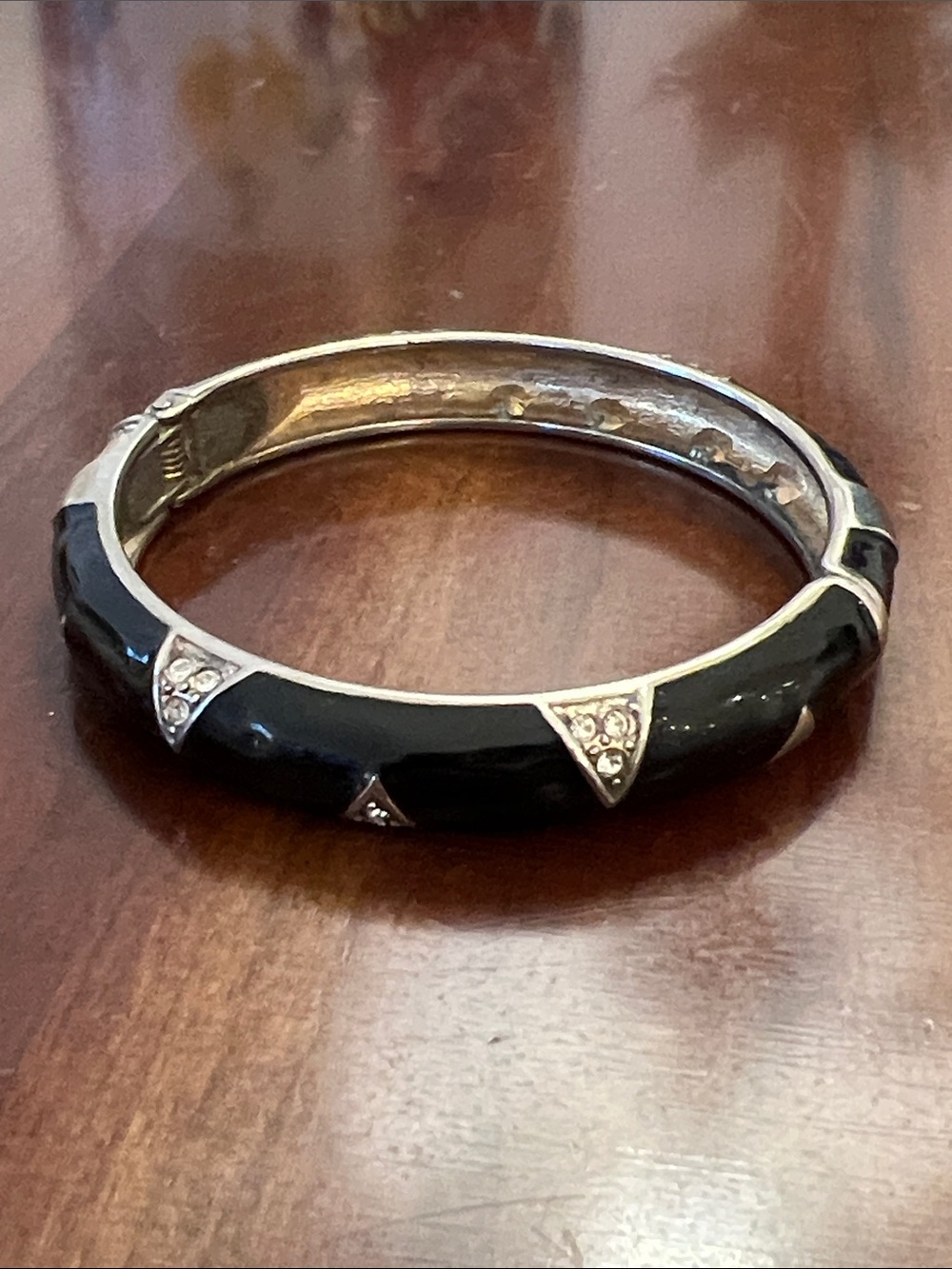Black Enamel Crystal Hinged Bangle Bracelet Silver Tone Triangle Accent